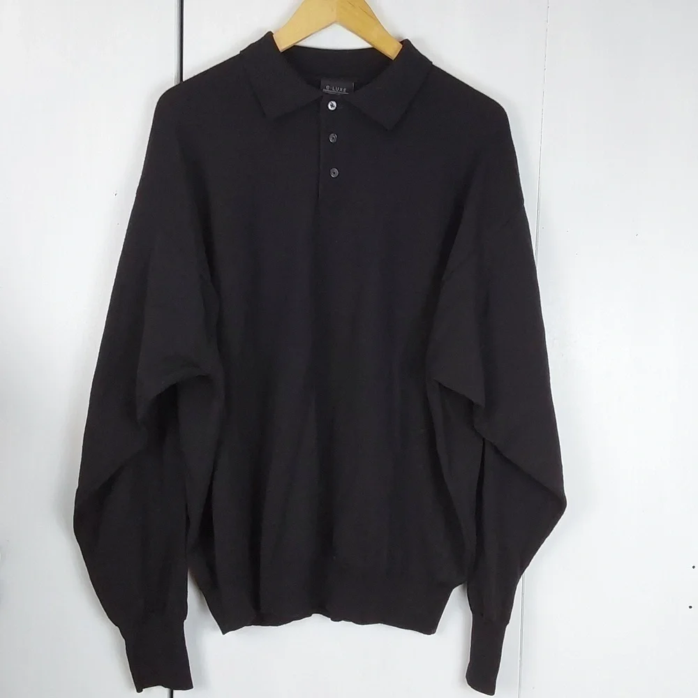 E-Luxe Evergreen |Mens Polo Black Wool Button Sweater Luxury Collar Preppy Sz.XL